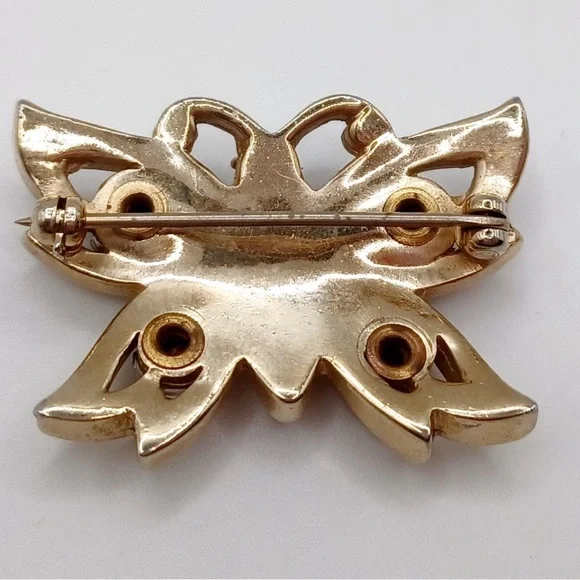 Whimsical Vintage 1920’s C Clasp close Gold Butterfly Brooch Green Pink Gemstone - Picture 3 of 4